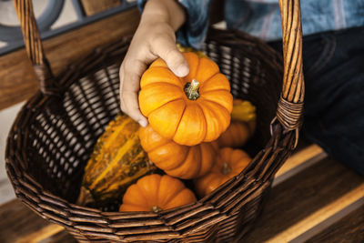 High angle view of pumpkins in basket