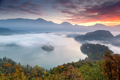 Scenic view of mountains against sky during sunset