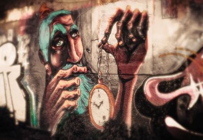 Portrait of man with graffiti on wall