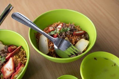 High angle view of breakfast in bowl on table