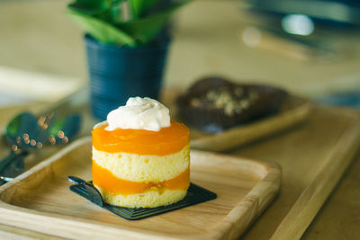 Close-up of cake served on table