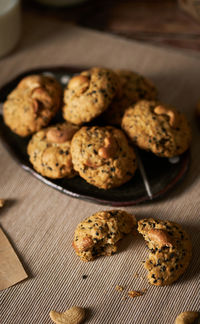 High angle view of cookies in plate on table