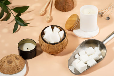 Set tools for homemade soy wax candles, making process. trendy diy. craft hobby, small business