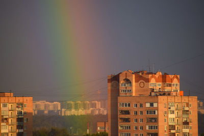 Buildings in city against sky at sunset