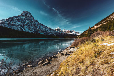 Scenic view of lake and mountains against sky
