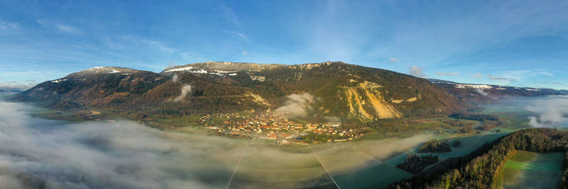 Panoramic view of mountain range against cloudy sky