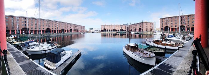 Panoramic view of boats moored in canal in city