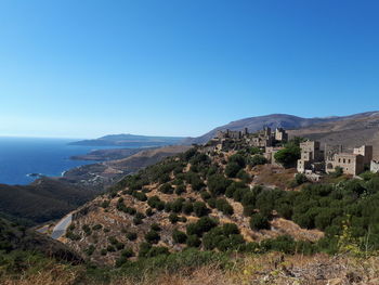 Scenic view of mountains against clear blue sky