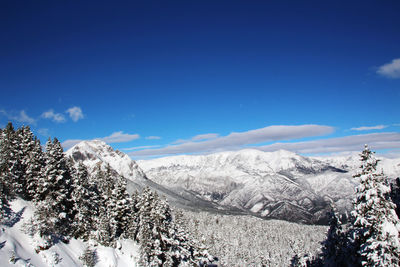 Scenic view of snowcapped mountains against blue sky