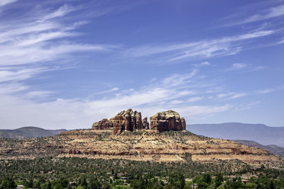 Rock formations on landscape against cloudy sky