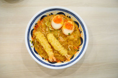 High angle view of breakfast served on table