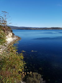 Scenic view of sea against clear blue sky