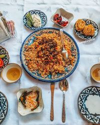 High angle view of breakfast on table