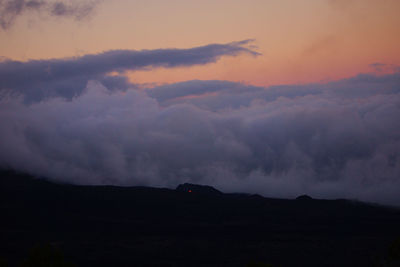 Scenic view of silhouette mountain against sky at sunset
