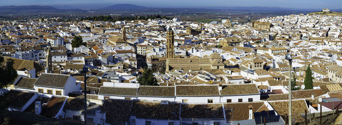 High angle shot of townscape against sky