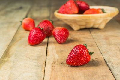 High angle view of strawberries on table