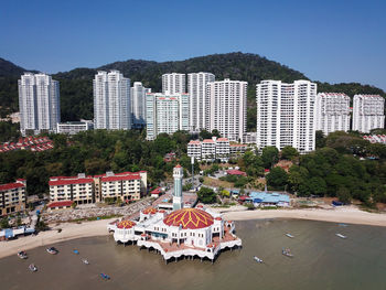 High angle view of buildings against sky