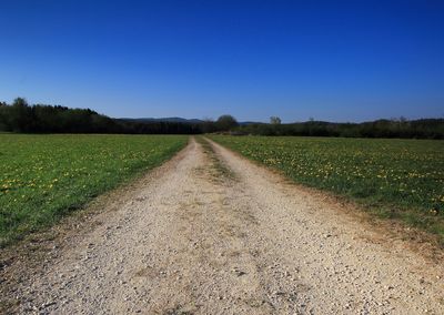 Dirt road amidst field against clear sky