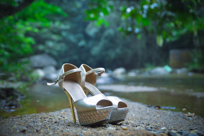 Close-up of high heels by stream at forest