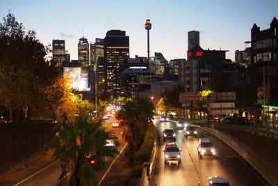 View of city street at dusk