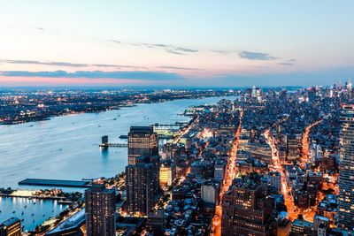 High angle view of city buildings at dusk