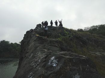 View of birds on rock against sky