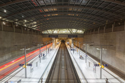 High angle view of illuminated railroad station