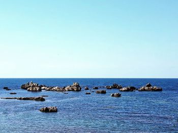 Scenic view of sea against clear blue sky