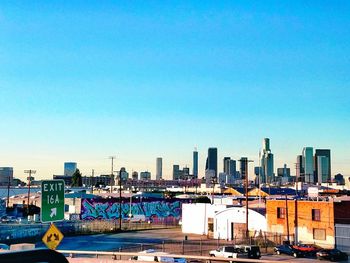 City at waterfront against clear sky