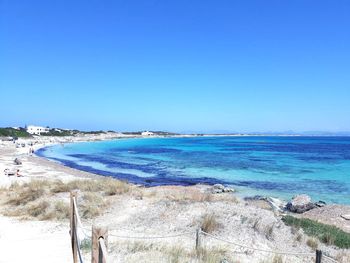 Scenic view of beach against clear blue sky