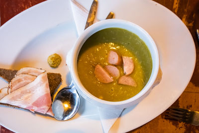 High angle view of soup in bowl on table