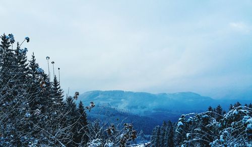 Scenic view of mountains against sky during winter