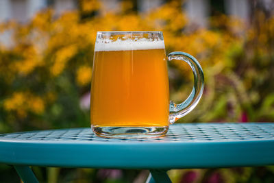 Close-up of beer on table