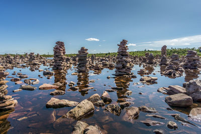 Panoramic shot of rocks on shore against sky