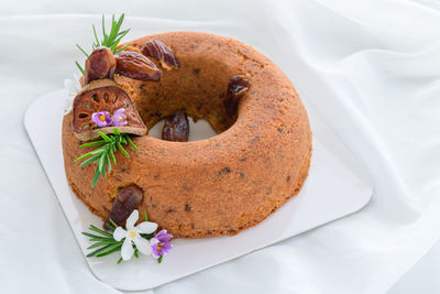 High angle view of dessert in plate on table