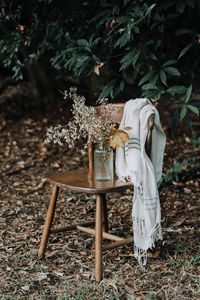 Chair and table on field