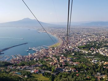 High angle view of buildings by sea against sky