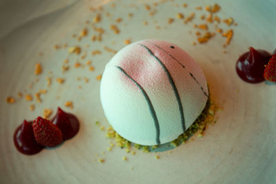 High angle view of cake in plate on table