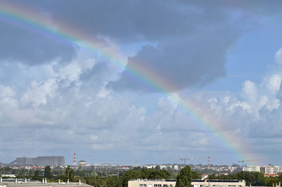 Rainbow over city buildings