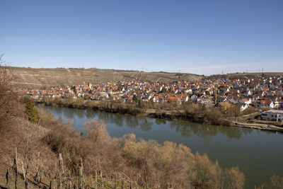 Scenic view of lake by buildings against clear sky