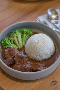 High angle view of food in plate on table