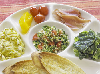 High angle view of breakfast served on table