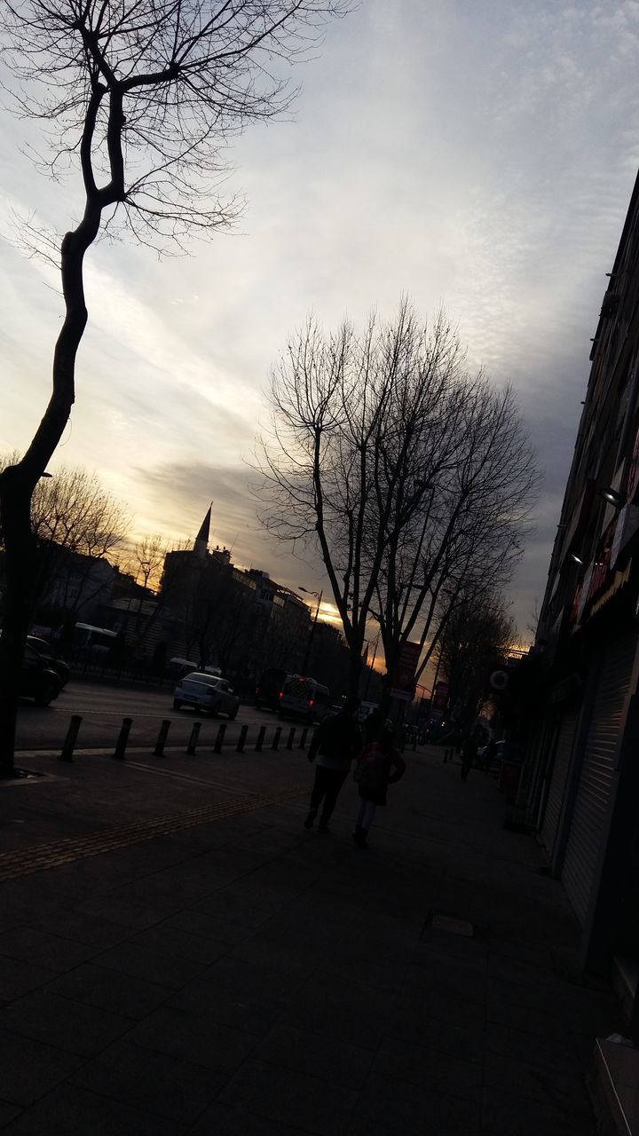 building exterior, architecture, built structure, tree, sky, silhouette, city, branch, bare tree, cloud - sky, low angle view, building, residential building, dusk, residential structure, outdoors, nature, house, no people, sunset