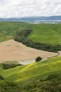 High angle view of grassy field against sky