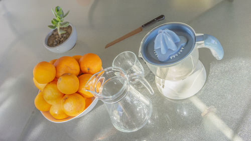 High angle view of drink on table