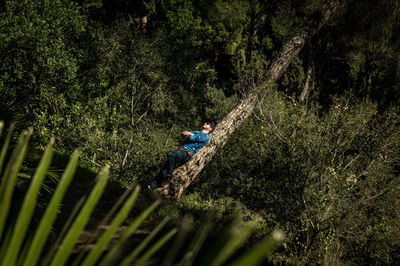 Panoramic view of people sitting on land in forest