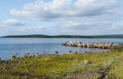 Scenic view of lake against cloudy sky