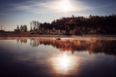 Reflection of trees in lake against sky during sunset