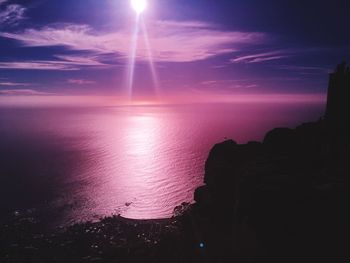 Scenic view of sea against dramatic sky during sunset