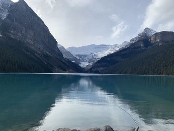 Scenic view of lake and mountains against sky